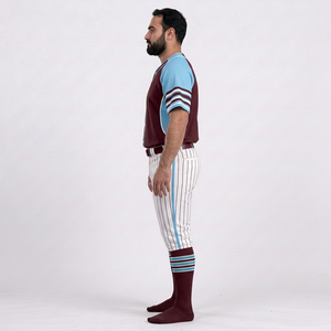 Ensemble uniforme de baseball pour hommes, maillot bordeaux et bleu clair, pantalon rayé, manches courtes, fermeture boutonnée, respirant, toutes saisons - Product Image 4