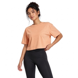 Camiseta Corta de Mujer Color Durazno, Cuello Redondo, Manga Corta, Corte Holgado, Color Sólido, 100% Algodón Jersey, Ropa Casual de Primavera/Verano - Product Image 1