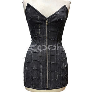 Vestido corsé de mezclilla negro con patchwork para mujer, minivestido ajustado con cremallera frontal |   Top estilo grunge Y2K - Product Image 2