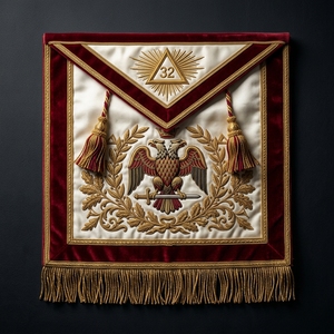Delantal Masónico de Terciopelo Rojo de Lujo con Bordado Dorado, Águila de Dos Cabezas de 32 Grados, Regalia Masónica con Borlas y Flecos - Product Image 1