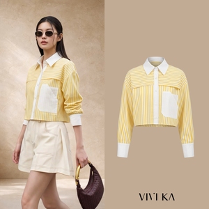 Chemise Courte en Coton Rayée Jaune pour Femme avec Col Blanc Contrastant, Manches Longues, Empiècement à Rabat et Poche Plaquée – Style Décontracté KYLE - Product Image 1