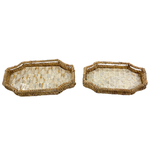 Elegante juego de bandejas rectangulares de MDF hechas a mano con incrustaciones de Capiz patrón geométrico jacinto de agua tejido bandejas decorativas para servir - Product Image 6