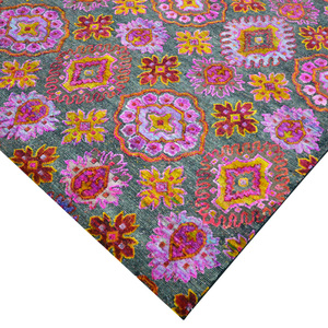 Tapis noué à la main en laine et soie de bambou, motif géométrique Ikat multicolore anthracite, à poils ras, pour salon - Product Image 3
