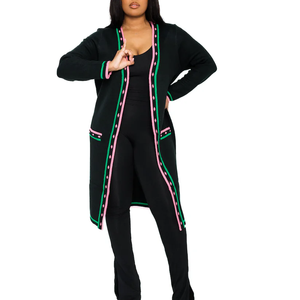 Cardigan long en tricot rose et vert, en laine épaisse/cachemire, avec doublure polaire pour l'hiver, style sororité, ouvert sur le devant, avec poches, coupe ajustée - Product Image 1