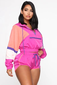 Ensemble Crop Top et Short Color Block pour Femme, Violet Jaune Néon, Manches Longues, Sportif, Tricoté en Spandex et Polyester, Idéal Printemps-Été - Product Image 3