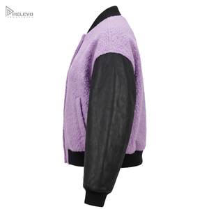 Veste universitaire en polaire sherpa personnalisée, unisexe, lavande, violet, noir, manches en cuir, veste bomber, OEM/ODM personnalisé - Product Image 3