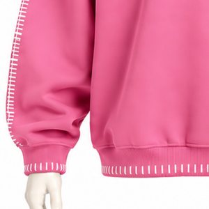 Mens <b>Pink</b> Stitched Border Distressed Crewneck <b>Sweatshirt</b> Oversized Long Sleeve Pullover Casual Streetwear Fashion Training Top - Product Image 6