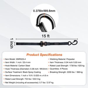 4PK Premium 1\" X 15\" Ratchet Tie Down <b>Straps</b> with Padded Handles 2200 lb Max Break Strength - Product Image 5