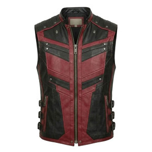 <b>Gothic</b> Distressed Leather Look Vest, Red Black Steampunk Biker Waistcoat, Punk Cosplay <b>Jacket</b> - Product Image 1