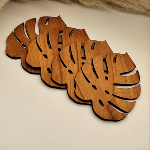Ensemble de sous-verres en bois artisanal en forme de feuille de Monstera, sous-verres en bois naturel, protège-tables en forme de feuille tropicale pour tasses à café, mugs - Product Image 3