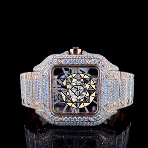 Luxury Men's Diamond <b>Watch</b> Yellow Gold Square <b>Case</b> Mechanical Movement Sapphire Crystal Analog Dial Deployment Clasp 42mm - Product Image 1