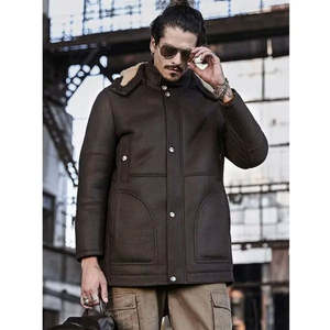 Chaqueta de Cuero Marrón para Hombre con Forro de Piel Sintética, Cuello Alto, Resistente al Viento, Abrigo de Invierno Largo, Corte Regular, Estilo Workwear - Product Image 3