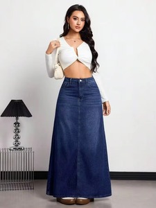 Women High Waist <b>Denim</b> Skirt Casual A-Line Ankle-Length Button Front <b>Stretch</b> Eco-Friendly Worsted Fabric Solid Knitted All - Product Image 4