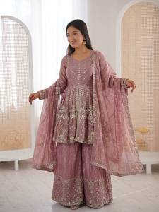 Designer Peplum <b>Kurta</b> Sharara Set with Dupatta | Heavy Embroidery Ethnic Wear Suit for Women | Festive Wedding Party Outfit - Product Image 5