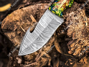 มีดดาบเหล็กดามัสกัส ใบมีดแบบ Fixed Blade สำหรับล่าสัตว์ เอาตัวรอด ตั้งแคมป์ ใช้ในยุทธวิธี  ด้ามจับพลาสติกแบบกำหนดเองได้  พร้อมปลอกหนัง สำหรับกิจกรรมกลางแจ้ง - Product Image 6