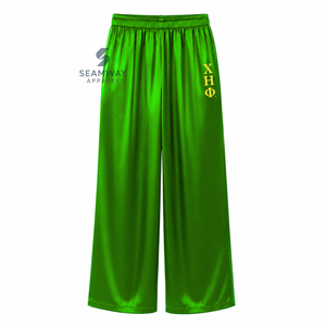 Chi Eta Phi Women's Satin Pajama Set Long Sleeve Button-Up Embroidered Two Piece Sleepwear <b>Green</b> With Yellow Trim Lounge Set - Product Image 4
