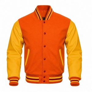 Blouson universitaire orange pour homme avec manches jaunes, fermeture boutonnée, color block, décontracté, pour l'automne, coupe classique, col montant, respirant, style preppy - Product Image 1