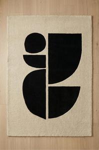 Alfombra Nórdica Monocromática Hecha a Mano - Alfombra de Lana Afelpada con Forma Geométrica Abstracta en Negro y Crema Marfil - Product Image 4