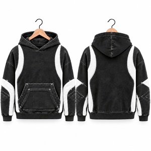 เสื้อฮู้ดดี้ผ้าฝ้ายเฟรนช์เทอร์รี่สีดำขาวแบบยูนิเซ็กซ์ 100% ตกแต่งด้วยผ้าปะติดปะต่อ มีกระเป๋าจิงโจ้ สวมใส่สบายๆ - Product Image 1