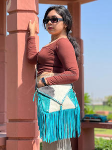 Bolso de Cuero con Flecos y Pelo de Estilo Occidental para Mujer, Bolso de Mano de Cuero Turquesa con Grabado, Bolsos de Hombro de Cuero Estilo Boho - Product Image 2