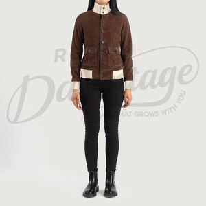 Women Dark Brown Genuine <b>Suede</b> Leather Bomber <b>Jacket</b> Cream Ribbed Trim Slim Fit Premium Goat <b>Suede</b> Casual Winter Outerwear Fashi - Product Image 4