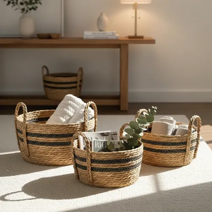 Natural Eco-Friendly <b>Seagrass</b> <b>Storage</b> <b>Baskets</b> with Handles Rectangle Shape Rustic Style Multi-Purpose Home Organization - Product Image 4