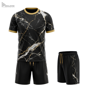 ชุดฟุตบอลแบบซับลิเมชั่นสั่งทำพิเศษ สีดำลายหินอ่อน เสื้อและกางเกงขาสั้นสำหรับผู้ชาย ลายเส้นสีทอง ชุดแข่งทีม แบบซับลิเมชั่นสั่งทำพิเศษ - Product Image 1
