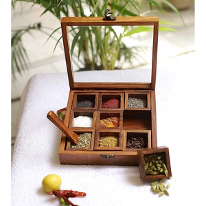 Handcrafted Sheesham Wood <b>Spice</b> Rack with Mirror & 9 <b>Jars</b> | Wholesale - Product Image 1