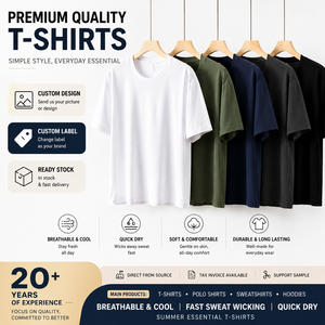 T-shirt unisexe OEM en polyester 230G, col rond, manches courtes, couleur unie, coupe ample, décontracté, été, assorti pour couple, vente en gros - Product Image 1