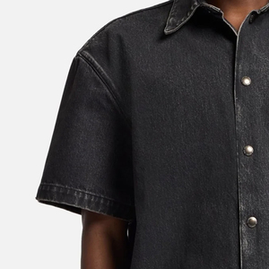 Clean Look Trendy Outdoor Wear With Front Pocket OEM Service Minimal Style Denim T Shirt With Turn <b>Down</b> Collar And Short Sleeves - Product Image 3