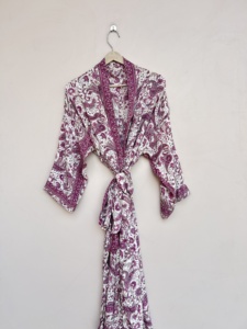 Floral Printed Silk Long <b>Robe</b>, Open Front Bohemian Wear For <b>Women</b> - Product Image 3