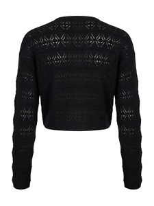Women's Spring Lightweight <b>Black</b> Hollow Cardigan <b>Crop</b> Tie Front V-Neck Knit <b>Top</b> <b>Long</b> <b>Sleeve</b> Breezy Beach Cover Breathable Short - Product Image 3