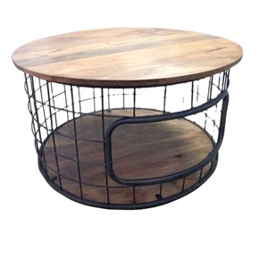 Mesa de centro redonda de madera de hierro Industrial con ruedas, mesa auxiliar móvil, sala de estar, comedor, cocina, gimnasio, casa de campo, uso en apartamento - Product Image 1