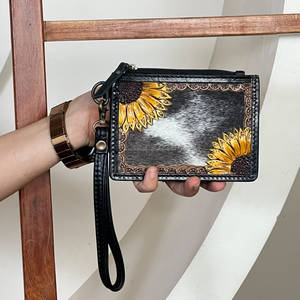 Premium Black Hand Tooled Genuine Fur Leather <b>Card</b> Holder Sunflower Design Mini Coin & <b>Credit</b> <b>Card</b> Holder Wristlet Unisex <b>Wallet</b> - Product Image 3
