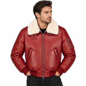Blouson bomber pour homme en cuir véritable rouge, écologique, respirant, avec col en fausse fourrure, coupe-vent, style moto, fermeture éclair - Product Image 3