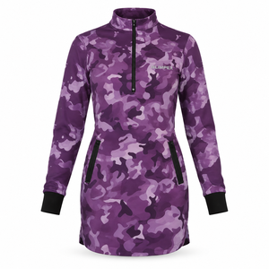 Custom <b>Womens</b> Purple Camouflage Longline Athletic Tunic <b>Quarter</b> <b>Zip</b> Workout Top With Pockets OEM Private Label Sportswear - Product Image 1