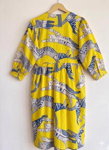 Yellow Animal Print Midi <b>Dress</b> Women Loose Fit O-Neck Three Quarter Sleeve Casual <b>Summer</b> Woven Cotton <b>Dress</b> - Product Image 1
