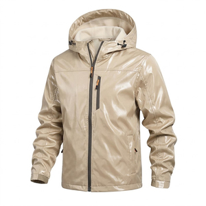 Beige PU Hooded <b>Jacket</b> Windproof Zipper Coat Autumn <b>Fleece</b> Sherpa <b>Lined</b> Sporty Casual Outerwear - Product Image 1