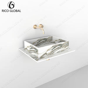 Évier rectangulaire mural en marbre RICO GLOBAL avec robinet à bouton plaqué or, design minimaliste pour salle de bain - Product Image 3