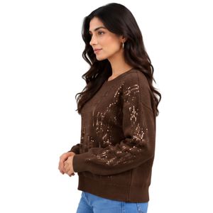 Pull en maille à sequins marron chocolat pour femme, col rond, manches longues, scintillant, élégant, décontracté, pour soirée, haut tendance - Product Image 2