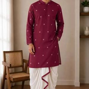 <b>Men's</b> Silk Embroidered Long Sleeve Mid-Calf Length Ethnic Wedding <b>Kurta</b> | Floral Peacock Design | Wrinkle-Free Traditional - Product Image 2