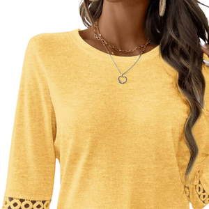 Blusa Casual de Verano para Mujer, Cuello Redondo, Manga Tres Cuartos, Corte Regular, 100% Algodón, Transpirable, con Detalle de Encaje, para Uso Diario - Product Image 5