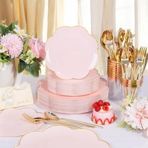 Set di stoviglie in plastica rosa da 180 pezzi con bordo oro e argento, piatti usa e getta per tè pomeridiano, matrimoni e feste - Product Image 4