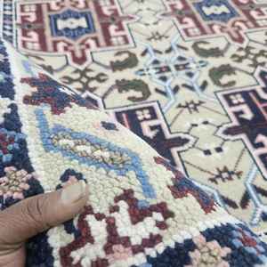 พรมขนสัตว์ถักมือ ลายเรขาคณิตชนเผ่า สีครีม น้ำเงิน น้ำตาล พรมแบบดั้งเดิม ตกแต่งบ้าน ห้องนั่งเล่น ห้องนอน - Product Image 1