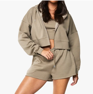 Ensemble sweat à capuche zippé et short, ensemble jumeau en polaire oversize, 2 pièces pour l'été, entraînement, fitness, course, jogging, vente en gros, gym, yoga - Product Image 1