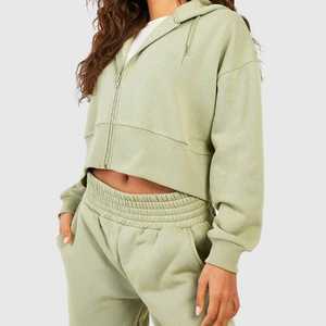 2026 Wholesale Two Piece Crop Top Hoodie and Sweatpants <b>Set</b> for Women Custom Fleece Oversized Pullover Cropped - Product Image 3