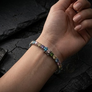 Pulsera de tenis de moissanita de corte redondo arcoíris en plata 925 con baño de oro y cadena colorida, brazalete chapado en rodio, joyería para mujer, ideal para fiestas. - Product Image 2