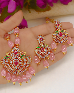 Conjunto de Collar y Pendientes de Latón Chapado en Oro Antiguo con Diseño de Pavo Real, Cuentas Verdes y Piedras Rojas y Blancas para Mujer, Joyería de Boda - Product Image 1