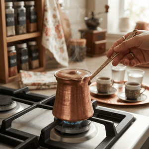Cafetera turca de cobre liso, Cezve árabe, Ibrik griego, Briki, calentador de leche para estufa con mango de latón con filigrana ornamentada, OEMs - Product Image 3