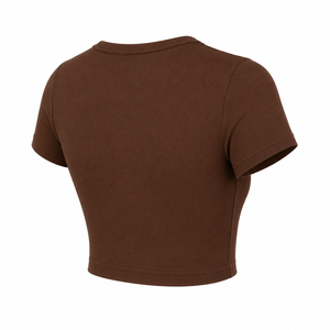 OEM Blank Women T Shirt <b>Short</b> <b>Sleeve</b> Round Neck Solid Crop <b>Top</b> Fitness Slim Ribbed <b>Knit</b> Cotton Spandex Cropped Tee For <b>Lady</b> Bran - Product Image 4